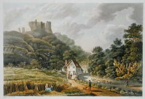 Carisbrook, teoksesta "The Isle of Wight Illustrated, in a Series of Colored Views", kaivertanut P. Roberts, julkaistu 1846 (akvatinta) tekijältä Frederick (after) Calvert