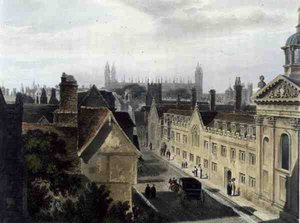 Pembroke Collegen ulkokuori, Peterhousen ikkunasta Cambridgessa, "The History of Cambridgesta", kaivertanut Joseph Constantine Stadler (fl.1780-1812), pub. kirjoittanut R. Ackermann