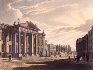 Clarendon-painon ulkopuoli, kuvitus "History of Oxfordista", kaiverrettu Joseph Constantine Stadler (fl.1780-1812) pub. Kirjailija: R. Ackermann tekijältä Frederick (after) Mackenzie