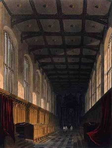 Cambridgen Trinity College Chapelin sisustus, "The History of Cambridge", kaiverrettu J. Bluck (fl.1791-1831), pub. kirjoittanut R. Ackermann