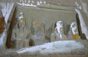 Neljä kolossaalista Ramses II:n patsasta Abu Simbelin suuressa temppelissä tekijältä Frederick Arthur Bridgman