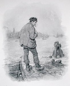 Rogue Riderhood at Limehouse Hole, Thomas Archerin teoksesta "Charles Dickens: A Gossip about his Life", julkaistu noin 1894 (litho) tekijältä Frederick Barnard