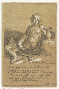 Rajautunut kerjäläinen kulholla Pienet hahmot (sarjan nimi) tekijältä Frederick Bloemaert