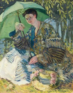 Nainen päivänvarjolla, n. 1905 (öljy kankaalle) tekijältä Frederick Carl Frieseke