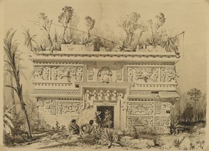 Las Monjas, Chichen Itza, Yucatan, 1843 (seepiamuste ja pesu kudottupaperille) tekijältä Frederick Catherwood