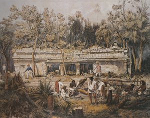 Arkeologit Frederick Catherwood ja John Lloyd Stephens mittaamassa Tulumin temppeliä Yucatanissa Meksikossa, kuva artikkelista "Näkymät muinaisista monumenteista Keski-Amerikassa, Chiapasissa ja Yucatanissa",