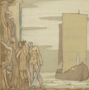 Pyhän Patrickin maihinnousu Irlannissa, n. 1912 (tempera puulla) tekijältä Frederick Cayley Robinson