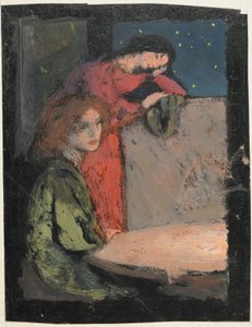 Kaksi tyttöä pöydän ääressä Varo tähtiyötä, 1905 (tempera kortissa) tekijältä Frederick Cayley Robinson
