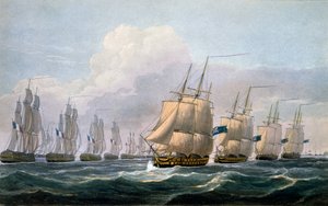 Kapteeni Beresford HMS Theseuksessa, joka johtaa laivueensa julkaisusta "The Naval Chronology of Great Britain", kirjoittanut J. Ralfe, 1820