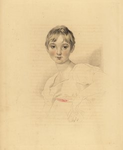 Lucy Meredith, Sir Thomas Lawrencen veljentytär, muotokuva. Nuori esiteini-ikäinen tyttö valkoisessa mekossa vaaleanpunaisella nauhavyöllä. Frederick Christian Lewisin käsin sävytetty kaiverrus Sir Thomas Lawrencen kuvituksesta P.G. Patmoren jalokivikaappi