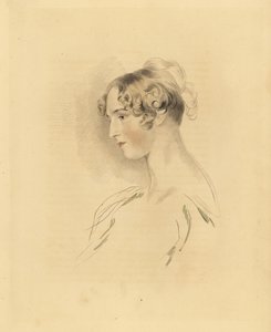 Muotokuva Mary Isabella Bloxamista nuorena naisena, Sir Thomas Lawrencen veljentytär. Hiukset ylhäällä ja kiharrettuina, olkapäiden mekossa. Frederick Christian Lewisin kaiverrus Sir Thomas Lawrencen P.G. Patmoren kabinetti G