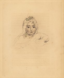 Muotokuva Mary Isabella Bloxamista, Sir Thomas Lawrencen veljentytärtä. Konepellissä nauhalla. Frederick Christian Lewisin käsin sävytetty kaiverrus Sir Thomas Lawrencen kuvituksesta P.G. Patmoren jalokivikaappi, Ackermann, Lontoo