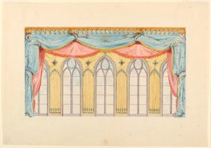 Piirustus, ikkunan koristelu, luultavasti musiikkihuoneen itäseinään, Royal Pavilion, Brighton, 1820. tekijältä Frederick Crace