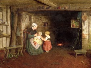 Odotus: Mökin sisustus, jossa on äiti ja lapset, 1854