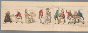 Kaksikymmentä julkisuuden henkilöä eri tilanteissa Englantilainen orjuus tai aikojen kuva (otsikko esineessä) tekijältä Frederick George Byron