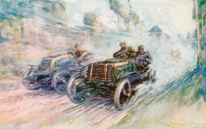 Brittikuljettaja Charles Jarrott voittaa vuoden 1902 Circuit des Ardennesin kuuluisalla "70" Panhardilla (värilitho)