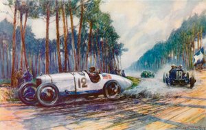 Amerikan ensimmäinen menestys Grand Prix -kilpailussa tapahtui, kun Jimmy Murphyn Duesenberg menestyi Le Mansissa vuonna 1921 (värilitho)