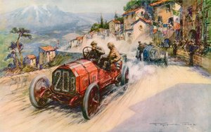Italian mestari Felice Nazzaro ja Fiat voitti vuoden 1907 Targa Florion, yhdistelmä on voittanut aiemmin Grand Prix:n ja Kaiserpreis (värilithon)