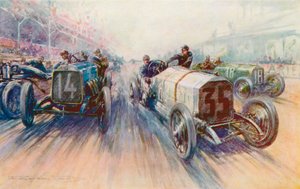 Lautenschlager valkoinen Mercedes vuoden 1908 Grand Prixissä, kilpailussa, jossa renkaita kulutettiin valtavia määriä (väri litho)