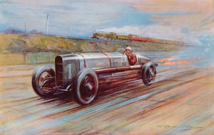 Lentokonemoottorilla varustettu 12-sylinterinen Sunbeam, jonka teki tunnetuksi K Lee Guinness Brooklandsissa ja vuoden 1922 nopein auto (väri litho)