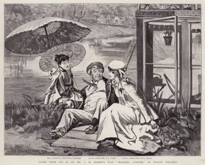 Englantilaiset näyttelijät Irene Vanbrugh, John Lawrence Toole ja Mary Ansell J M Barrien näytelmän Walker tuotannossa Lontoossa Toole