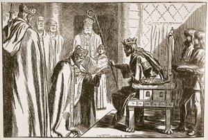 Saksilaisen piispan virkaan asettaminen, kuvitus teoksesta "The Church of England: A History for the People", kirjoittanut H.D.M. Spence-Jones, pubi. n. 1910 (seepiavalokuva)