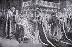 Yorkin arkkipiispa kruunasi kuningatar Alexandran, kuningas Edward VII:n puolison, Westminster Abbey, Lontoo tekijältä Frederick Henry Townsend
