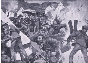 Buurit ryöstelevät brittiläistä leiriä Nooitgedachtissa tykistön tulituksessa, teoksesta After Pretoria: The Guerilla War, jonka on julkaissut Harmsworth Bros Limited, 1901.