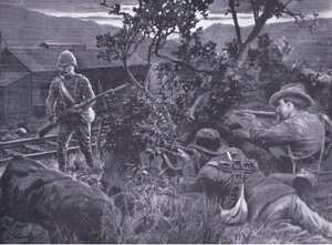 Degeneroitunutta sodankäyntiä: buurit ampuvat vartiomiestä, teoksesta After Pretoria: The Guerilla War, jonka on julkaissut Harmsworth Bros Limited, 1901.