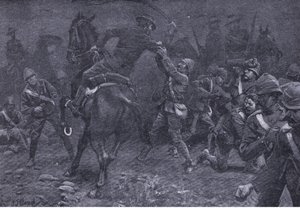 Majuri Boole-Smith tarttuu De Wetiin, teoksesta After Pretoria: The Guerilla War (Pretorian jälkeen: sissisota), jonka on julkaissut Harmsworth Bros Limited, 1901. tekijältä Frederick Judd Waugh