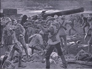 Hyökkäys Gun Hillille: After Pretoria: The Guerilla War (Pretorian jälkeen: sissisota), jonka on julkaissut Harmsworth Bros Limited, 1901. tekijältä Frederick Judd Waugh