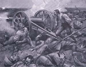 Dewetsdorpin puolustus: 15 puntarin työskentely yksin käsin, kuvitus teoksesta Pretorian jälkeen: sissisota, 1902. tekijältä Frederick Judd Waugh