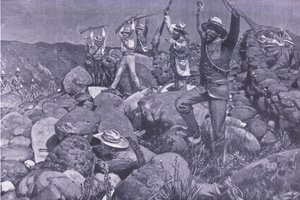 Teeskennelty antautuminen, joka sai Liverpoolin epätoivoiseen asemaan, esimerkki elokuvasta After Pretoria: The Guerilla War, 1902 tekijältä Frederick Judd Waugh