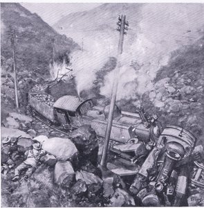 Panssaroidun junan tuhoutuminen Vlakfonteinin lähellä, kuva Pretorian jälkeen: Sissisota, 1902 tekijältä Frederick Judd Waugh