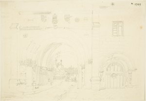 Bristolin katedraalin Abbey Gatehouse, Etelään katsova (kynä paperilla) tekijältä Frederick Mackenzie