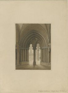 Lichfieldin katedraalin sisätilat – Kapitaalitalon oviaukko: seepiapiirros ja [c 1820] tekijältä Frederick Mackenzie