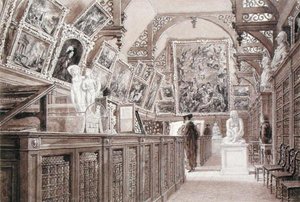 Old Perse Schoolin sisätilat, esillä valikoima Lord Fitzwilliamin testamenttia (lyijykynä, harja ja pesu paperille) tekijältä Frederick Mackenzie