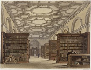 Cambridgen julkisen kirjaston sisustus, "The History of Cambridge", kaiverrus Daniel Havell (1785-1826), pub. R. Ackermann, 1815 (väriakvatinta)