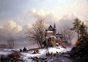 Talvimaisema luistelijoiden kanssa (öljy kankaalle)