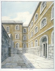 Kappelipiha Newgaten vankilassa, Old Baileyssa, Newgaten vankilassa, Old Baileyssä, Lontoon kaupungissa, 1840 tekijältä Frederick Nash