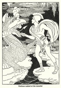 Cadmus ryntäsi hirviötä kohti (litografia) tekijältä Frederick Richardson