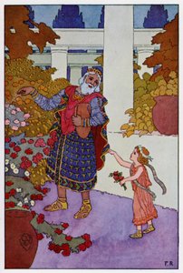 Kuningas Midas ripotti kaiken lopun vedestä ruusupensaiden päälle (väri litho)