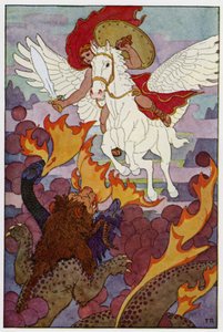 Pegasus alkoi suoraan kohti Chimeran kolminkertaista päätä (väri litho)