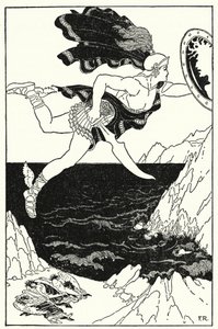 Perseus lensi varovasti alaspäin pitäen silti katseensa Medusan kasvoilla, mikä heijastuu hänen kilveensä (litho)