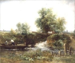 Joki, jossa hevoset ylittävät ja vene tekijältä Frederick Waters Watts