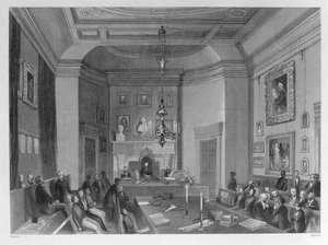 Näkymä Somerset Housen sisäpihasta, näyttää Royal Antiquarian Societyn kokousta, n. 1840