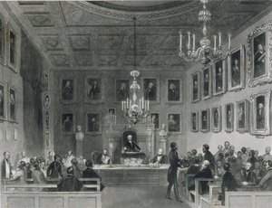 Näkymä Somerset Housen sisäpihasta, näyttää Royal Antiquarian Societyn kokousta, n. 1840 tekijältä Frederick William Fairholt