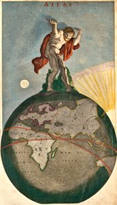 Atlas, joka tukee taivaanholvia, nojaa maan päälle (etsaus