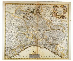 Genovan tasavalta, Milanon herttuakunta, Parma ja Monferrato, Frederik de Witin kartta, Amsterdam, Kuparikaiverrus tekijältä Frederick de Wit
