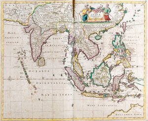 Itä-Intian kartta (Etelä- ja Kaakkois-Aasia: Pakistan, Intia, Nepal, Bangladesh, Burma, Sri Lanka, Thaimaa, Malesia, Vietnam, Kambodža, Laos, Filippiinit, Singapore ja Indonesia) (etsaus